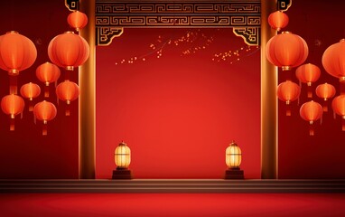 a chinese new year red background, with golden lantern and gold trim, in the style of minimalist stage designs with generative ai