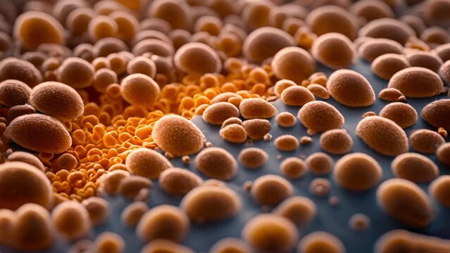 Bacteria virus or germs microorganism cells under microscope. Microbiome intestine factories microbiota. Many microbes under microscope close up. Realistic molecular cells bacterium colony.