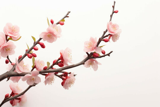 a pink flowering tree branch against white