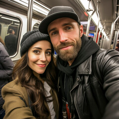 Happy train subway passenger young couple man and woman taking selfie picture smiling and enjoying travel trip. People traveling together. Road trip lifestyle. Cheerful urban concept transport