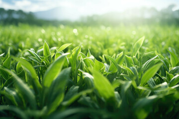 Obraz premium a green grass field with many leaves on it