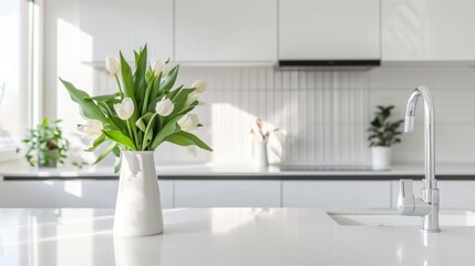 Bright Modern Kitchen with Fresh Tulips - obrazy, fototapety, plakaty