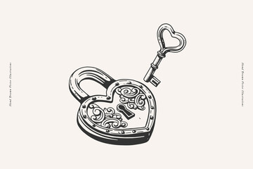 A beautiful forged lock in the shape of a heart with a key to it. A symbol of strong love and marriage. A sign of romantic feelings. Wedding attribute on a light background. Valentine's Day.