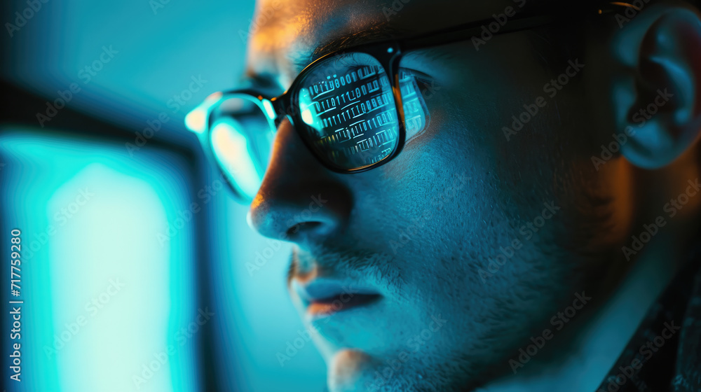 Poster close-up portrait of a person wearing glasses, with reflections of a computer screen displaying code