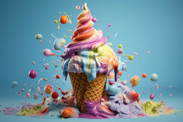 colorful ice cream cone with lots of colorful icing splashed all over it - obrazy, fototapety, plakaty