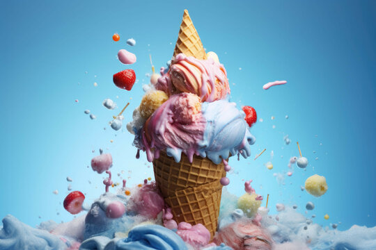 an ice cream cone filled with colorful splashed icing - Powered by Adobe