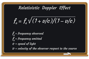 Relativistic Doppler Effect Formula on a black chalkboard. Education. Science. Formula. Vector illustration.