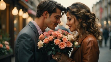 A man surprises his girlfriend with a bouquet of flowers