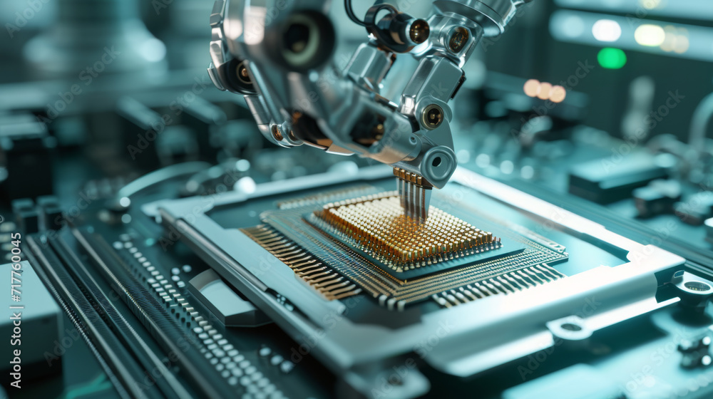 Poster robotic arm is seen installing a processor onto a motherboard