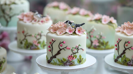 Very beautiful desserts, awarded a Michelin star, desserts decorated with flowers, standing on unusual stands. The works of culinary art look very appetizing.