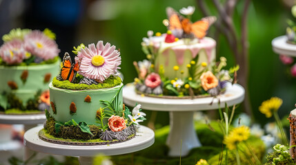Obraz na płótnie Canvas Very beautiful desserts, awarded a Michelin star, desserts decorated with flowers, standing on unusual stands. The works of culinary art look very appetizing.