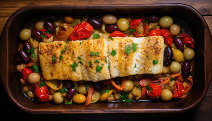 Roasted cod with potatoes green and red bell peppers - obrazy, fototapety, plakaty