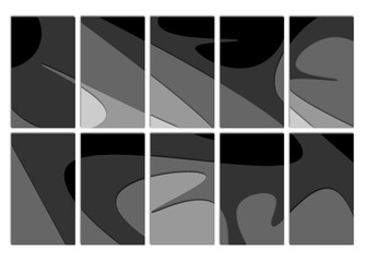 Set of papercut background, black gradient colors. Dynamic wavy shapes, 3d cut out layers. Vector illustration