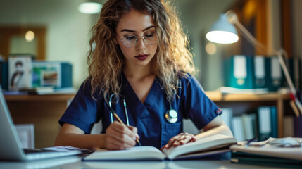 female medical professional wearing scrubs and glasses, focused on writing notes in a book