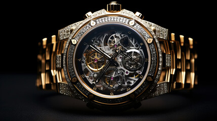 Close-up of luxury diamond Wristwatch on black background