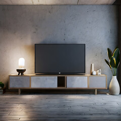 Cabinet mockup for TV in living room at night the concrete wall.3d rendering 3. Generative AI.