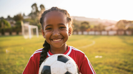 happy young girl with braided hair, holding a soccer ball, wearing a red sports jersey, with a soccer goal in the background, likely on a playing field - Powered by Adobe