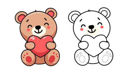 cute teddy bear with red heart cartoon clipart, coloring page teddy bear