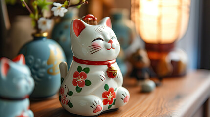 Maneki-neko figurine- japanese lucky cat - obrazy, fototapety, plakaty