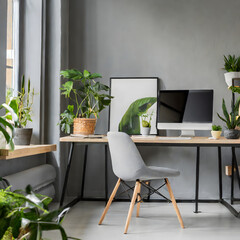 Chair at wooden table with computer monitor and plants in grey spacious home office interior. Generative AI.