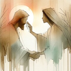 Veronica wipes the face of Jesus. Digital watercolor painting. - obrazy, fototapety, plakaty
