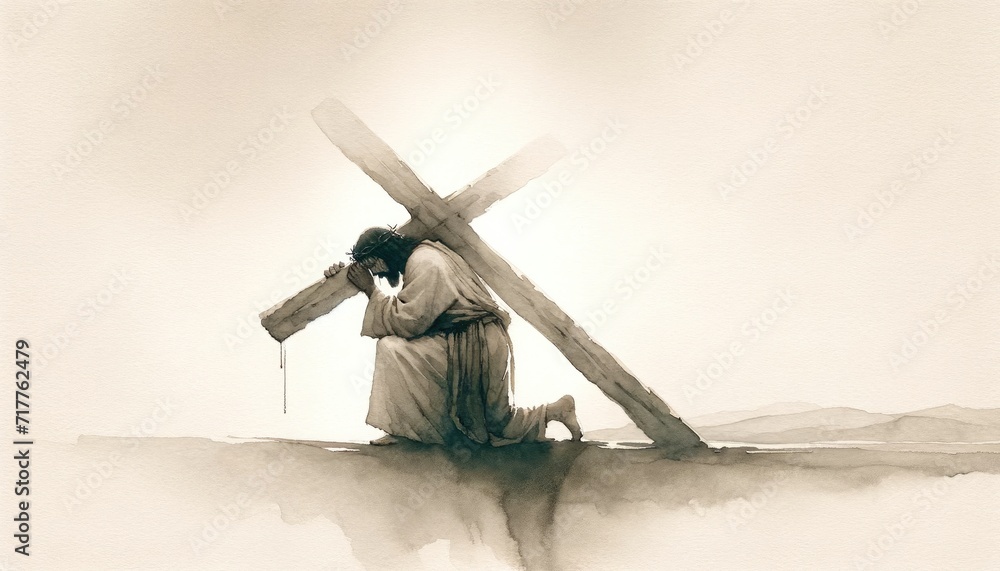 Poster jesus takes up his cross. digital watercolor painting illustration.