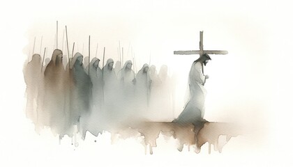 Jesus takes up his Cross. Digital watercolor painting illustration. - obrazy, fototapety, plakaty
