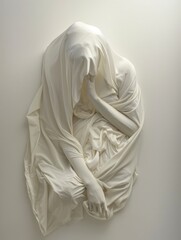 Sculpture of a woman in white fabric on a white background.