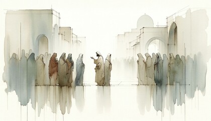 Jesus meets the women of Jerusalem. Digital watercolor painting. - obrazy, fototapety, plakaty