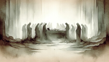Jesus Christ is laid in the tomb. Watercolor digital painting.