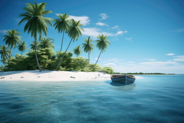Deserted island with a single palm tree and crystal clear water.