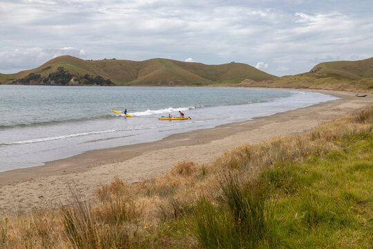 Popel in kayaks on the beach of Port Jackson, Coromandel Peninsula, New Zealand.