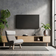 Concrete cabinet TV in modern living room with armchair and plant on concrete wall backgroun. Generative AI.