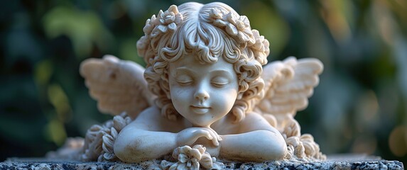 Angelic Embrace - A white marble angel statue with a flower in its hand, symbolizing love and serenity. Generative AI
