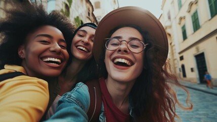 Fototapeta premium Group of happy diverse friends in the street