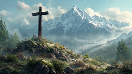 Cross on the Mountain: A Christian Artwork with a Monthly Theme Generative AI - obrazy, fototapety, plakaty