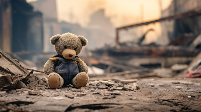 A cute touching teddy bear on a blurred background of destroyed buildings. an abandoned children's toy. bombing, terrorist attack, fire.