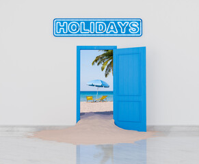 3D rendering of an open blue door with a holidays neon sign leading to a sandy beach with an umbrella, palm trees, and clear sky. Gateway to summer vacation.