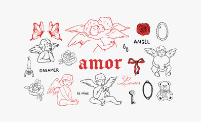 Amor. Valentines day hand drawn doodles. Simple drawings. Cupid, roses, butterflies. Vector