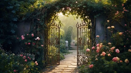A secret garden hidden behind a wrought-iron gate, with climbing roses and ivy-covered walls.