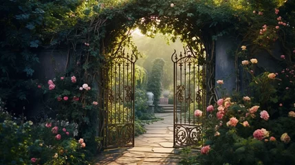 Foto auf Glas A secret garden hidden behind a wrought-iron gate, with climbing roses and ivy-covered walls. © Anmol