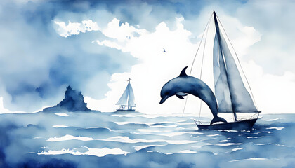 Fascinating watercolor painting of a dolphin silhouette and the horizon with a sailboat - blue tones on a white background - obrazy, fototapety, plakaty