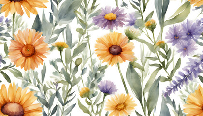 Watercolor wildflower border. Repeating pattern. Daisies, marigolds, lavender, eucalyptus branches and leaf garland. Summery floral frame for greeting cards and invitations