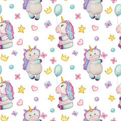 Seamless pattern with inicorn, watercolor illustration