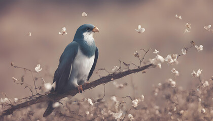 Fototapeta premium Wild Bird on Branch with Blossoms