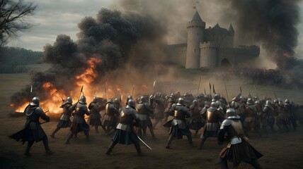 Fototapeta na wymiar soldiers on the fire,soldiers in the battle,A book cover depicting battle between medieval forces in an epic fantasy settinggh