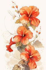 hibiscus in full color, red and gold color, Chinese new year style. colorful illustration.