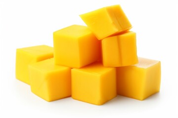 mango cubes on a white background. a stack of pieces of ripe tropical fruit.