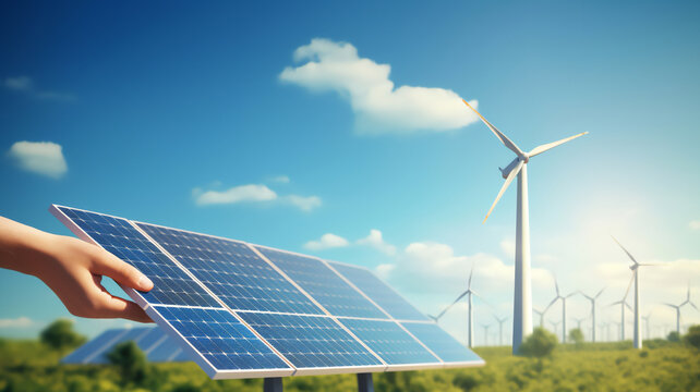 Green energy harnesses natural resources like wind and sunlight, powering turbines and solar panels for a sustainable, eco-friendly electricity solution, stock illustration image