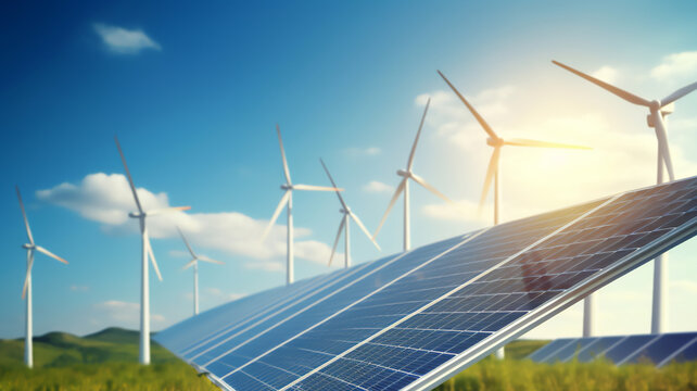 Green energy harnesses natural resources like wind and sunlight, powering turbines and solar panels for a sustainable, eco-friendly electricity solution, stock illustration image 